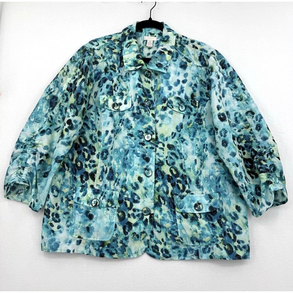 Chico’s Teal Blue Leopard Print Utility Jacket 3 XL Button Front Ruched Sleeves